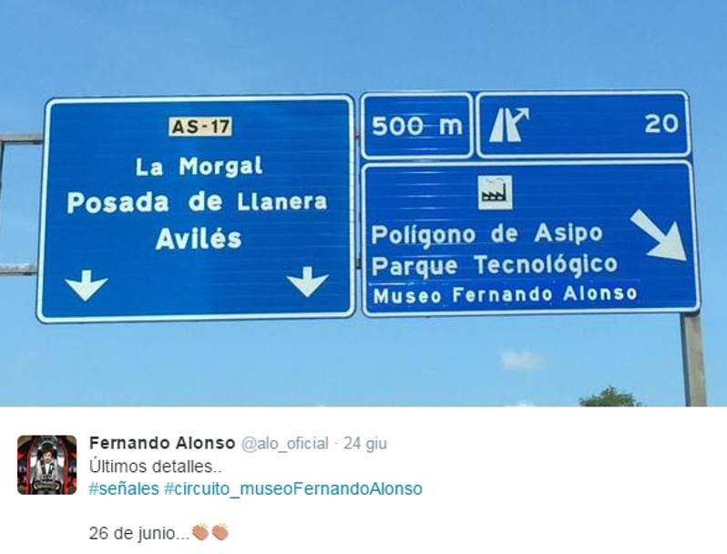 Il tweet di Alonso con i cartelli stradali dedicati al museo